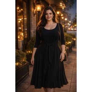 Signature by Robbie Bee Black Midi Dress 1X NWT Tie Front 3/4 Sleeve Fit & Flare